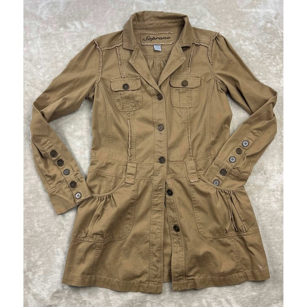Soprano Womens Tan Longline Utility Jacket Military Style Distressed Brown Large